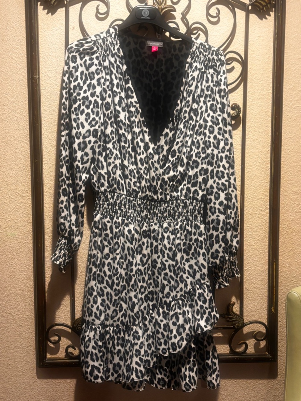 NWT - Vince Camuto Black, Gray, and Ivory Animal Print : Ruffled Dress